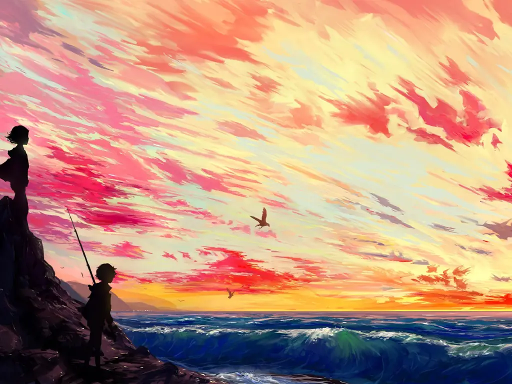 Keindahan pemandangan laut dalam anime Pemandangan matahari terbenam di laut bergaya anime