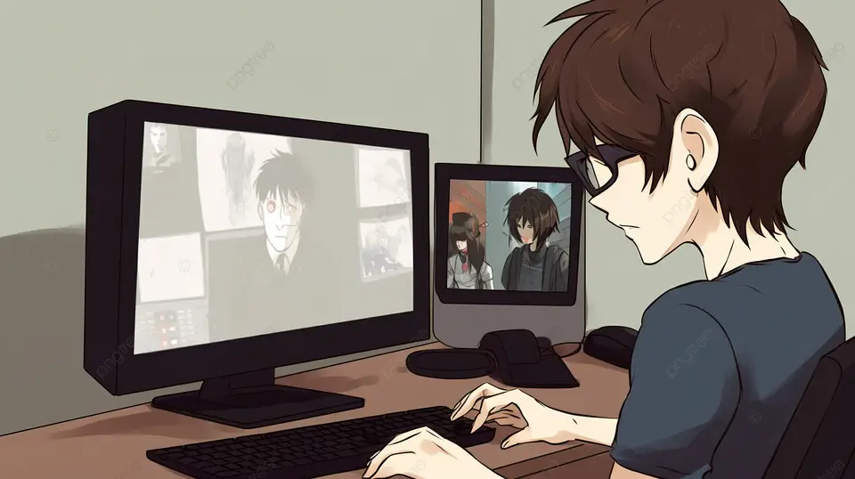 Menonton Anime di Laptop Seseorang menonton anime di laptop