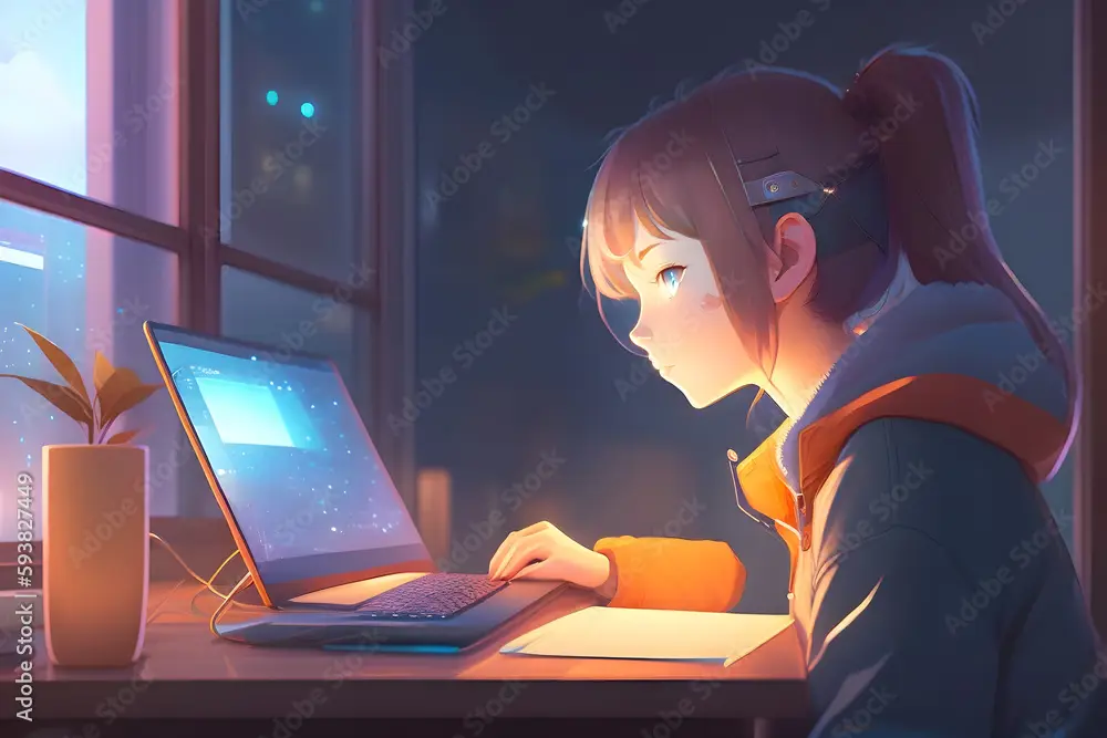 Pengalaman menonton anime yang nyaman dan menyenangkan Seseorang yang nyaman menonton anime di laptop