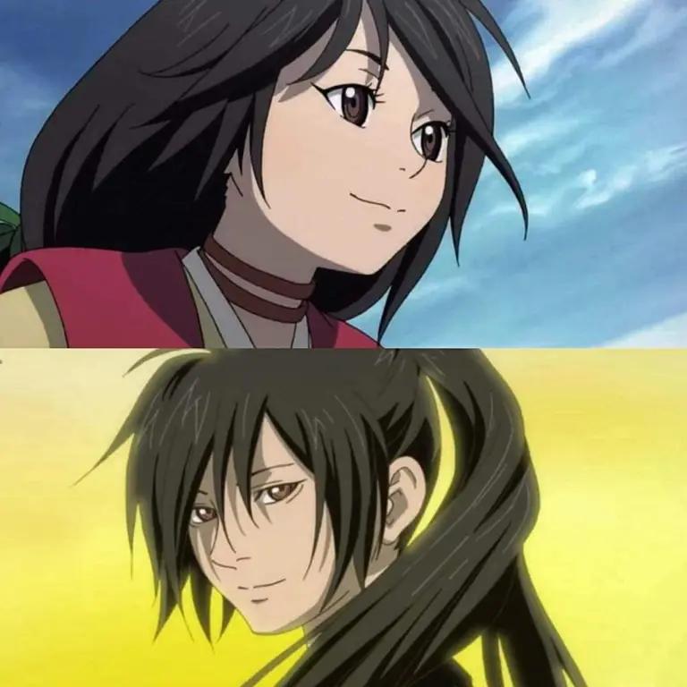 Hyakkimaru dan Dororo dalam sebuah adegan penuh aksi. Hyakkimaru dan Dororo, dua karakter utama dalam anime Dororo.