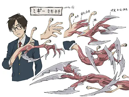 Migi, parasit dengan kepribadian yang unik Gambar close up Migi, parasit yang merasuki tangan Shinichi